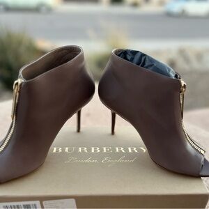 Burberry Brown Leather Peep-Toe Ankle Booties with Gold Front Zip